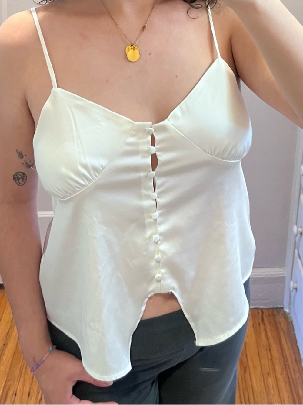 White Ivory Satin Button-Front Adjustable Strap Cami Top